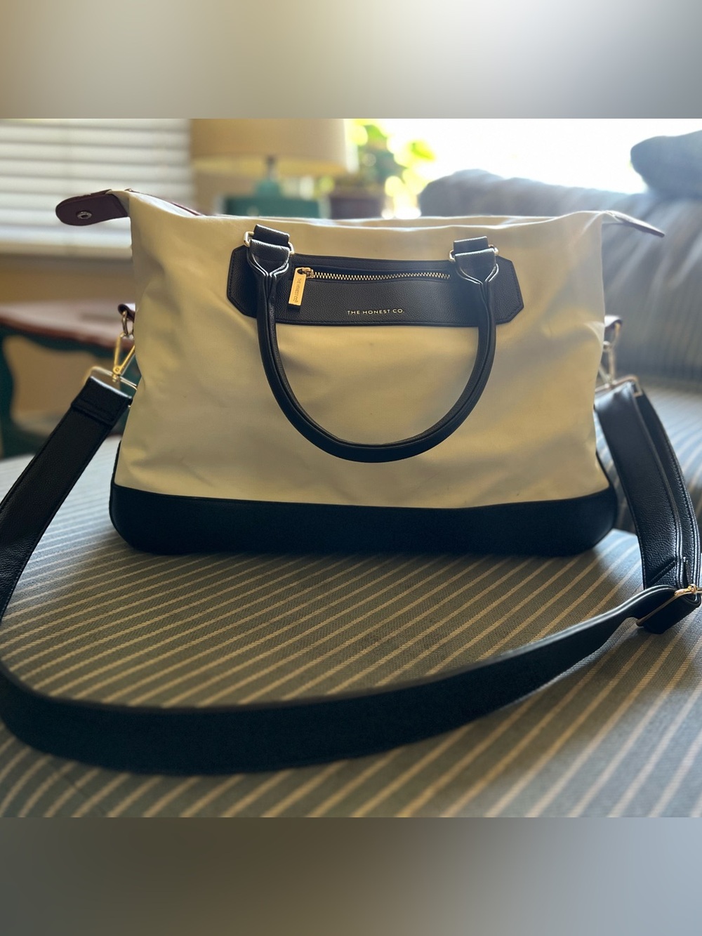 The Honest Company Cream and Black Convertible Tote